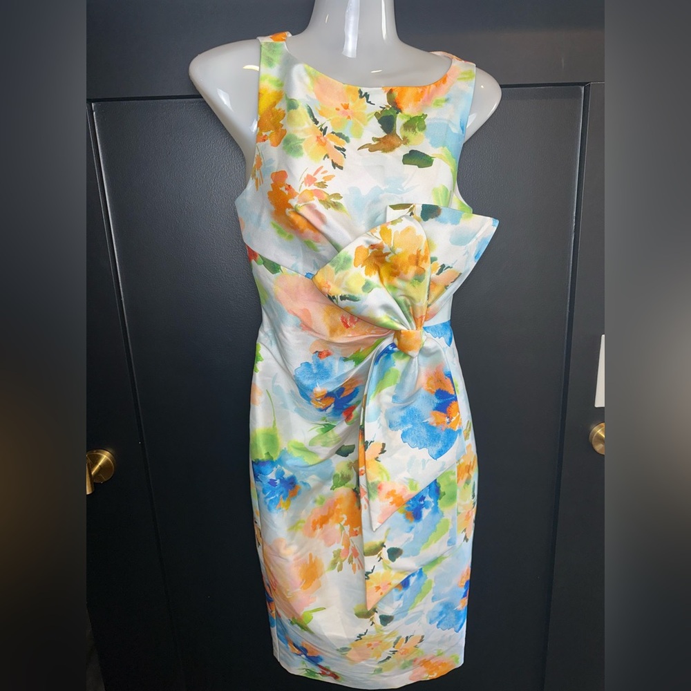 Badgley Mischka Floral Sheath Midi Dress Bow Front